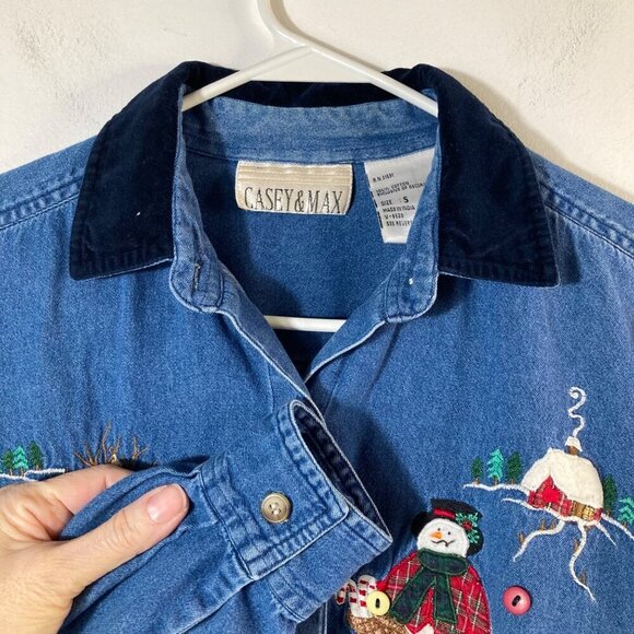 Womens Vintage Casey & Max Denim Christmas Embroidered Button Shirt Blue S - Picture 3 of 8